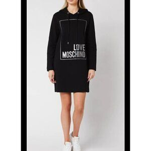 Love Moschino Sz 6 Hoodie Dress Black Metallic Rainbow Logo Pockets Like New